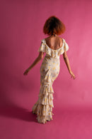 1930s Lemon Floral Bias Cut Ruffle Gown [xs/sm/med]