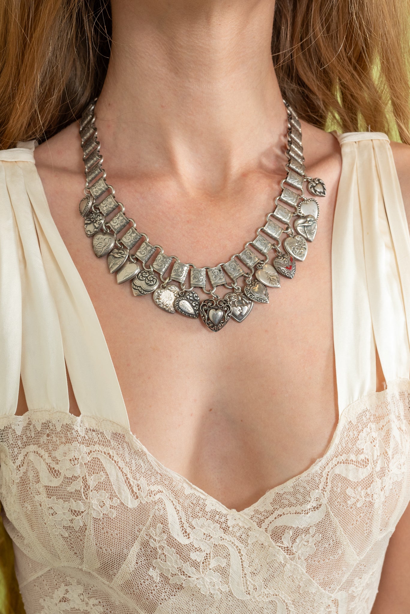 Victorian Sterling Puffy Heart Charm Necklace