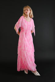 1970s Floral Silk Chiffon Handkerchief Gown [xs/sm]