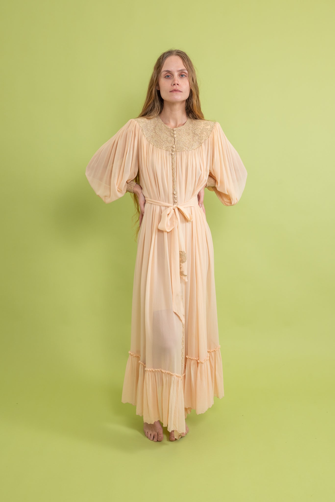 1930s Silk Chiffon Balloon Sleeve Robe [os]