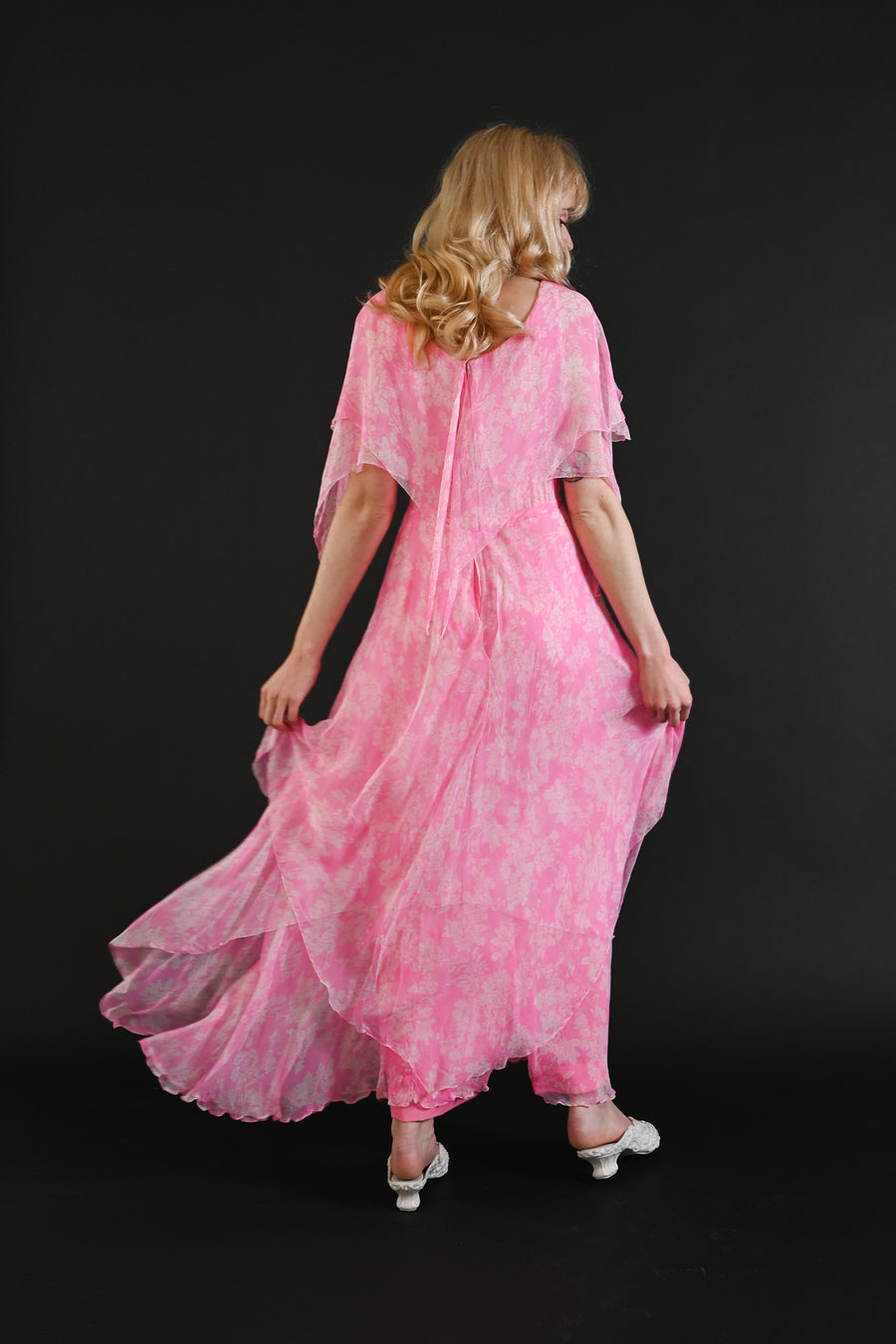 1970s Floral Silk Chiffon Handkerchief Gown [xs/sm]