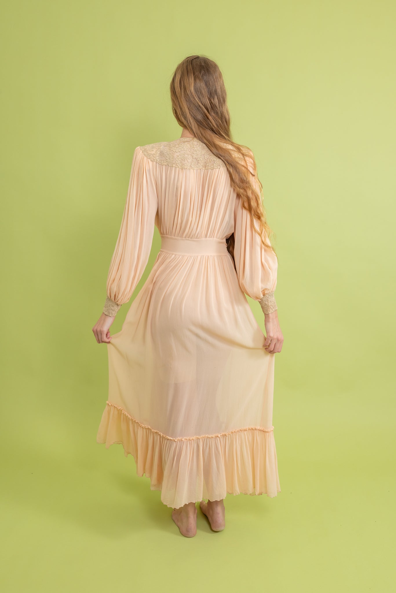 1930s Silk Chiffon Balloon Sleeve Robe [os]