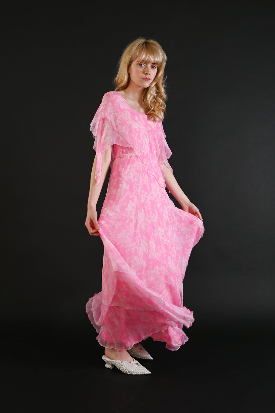 1970s Floral Silk Chiffon Handkerchief Gown [xs/sm]