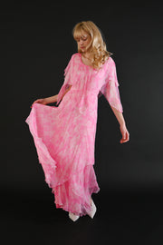 1970s Floral Silk Chiffon Handkerchief Gown [xs/sm]