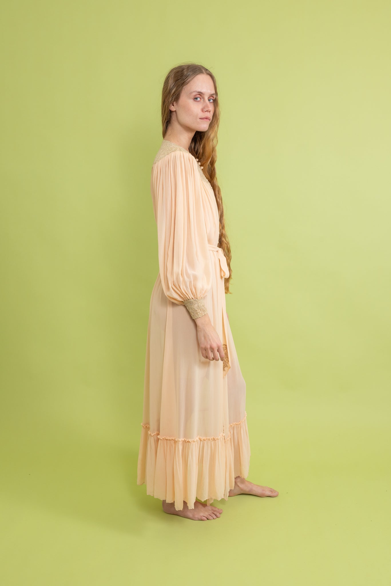 1930s Silk Chiffon Balloon Sleeve Robe [os]