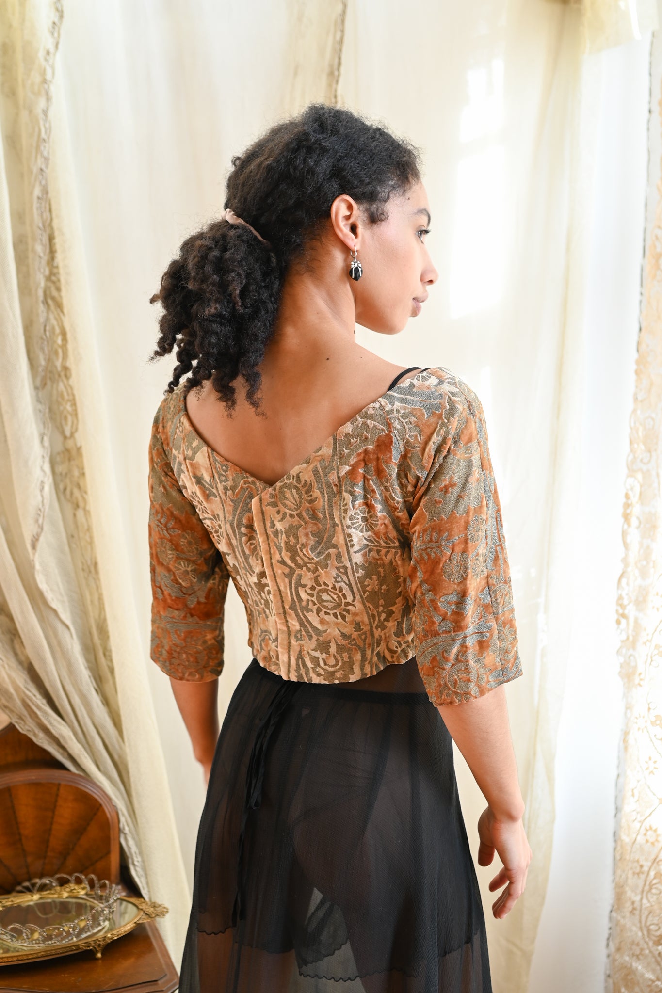 1960s Custom Blouse of Antique Fortuny Stenciled Silk Velvet