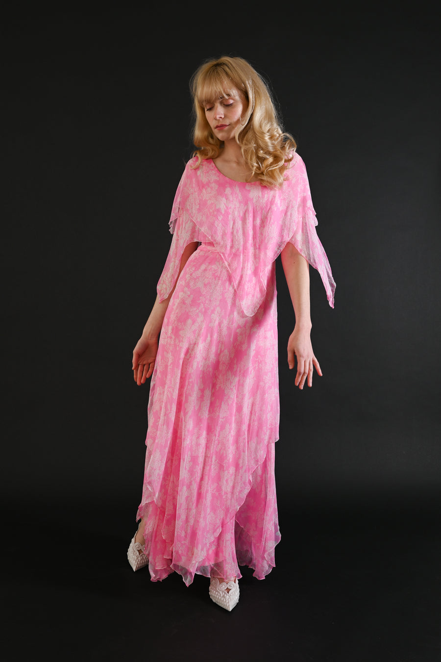 1970s Floral Silk Chiffon Handkerchief Gown [xs/sm]