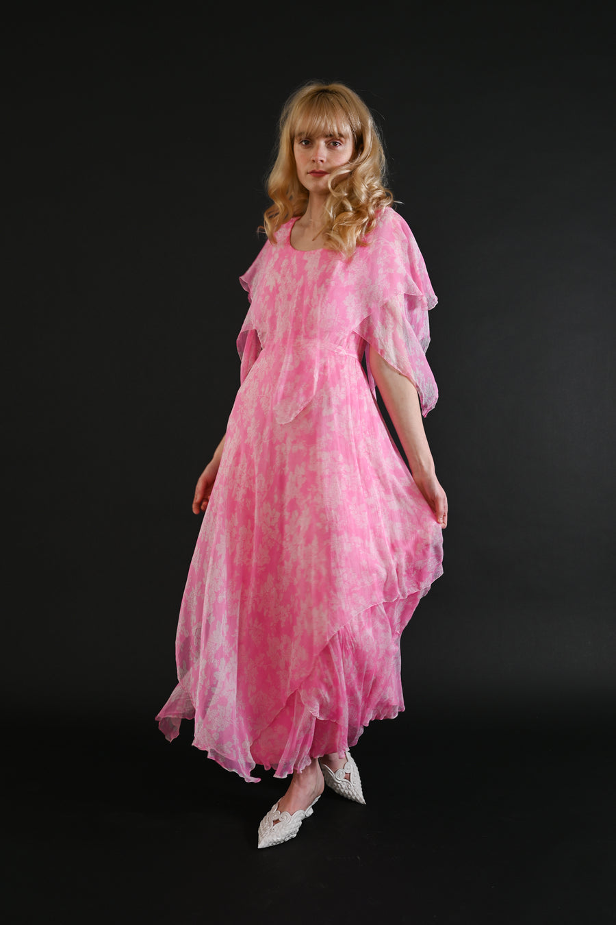 1970s Floral Silk Chiffon Handkerchief Gown [xs/sm]