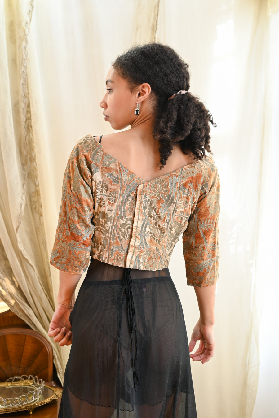 1960s Custom Blouse of Antique Fortuny Stenciled Silk Velvet