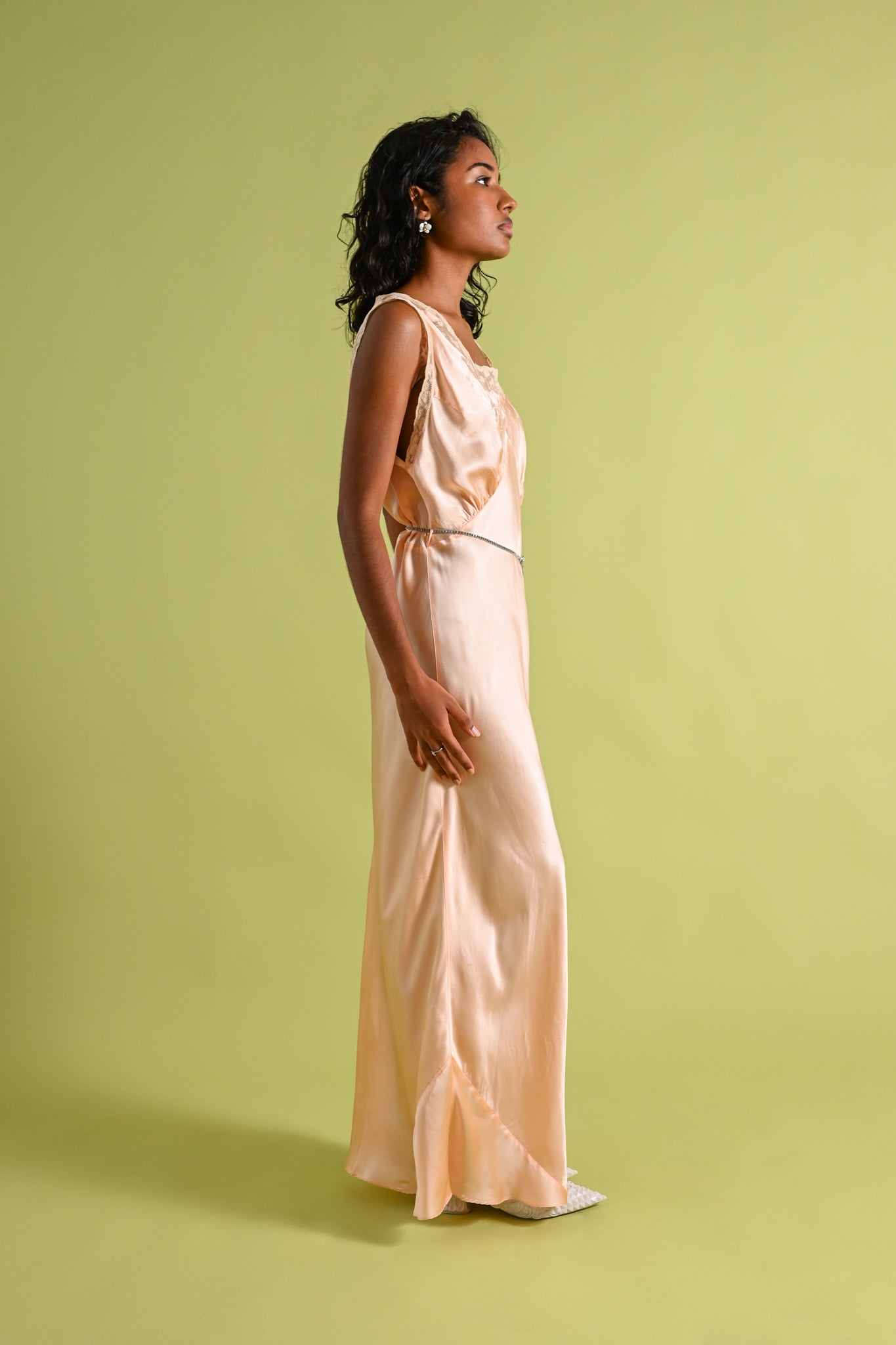 1930s Peach Silk + Lace Appliqué Bias Gown [lrg/xl]