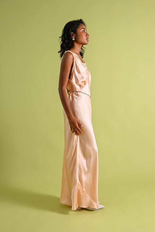1930s Peach Silk + Lace Appliqué Bias Gown [lrg/xl]