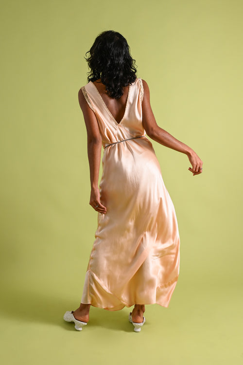 1930s Peach Silk + Lace Appliqué Bias Gown [lrg/xl]
