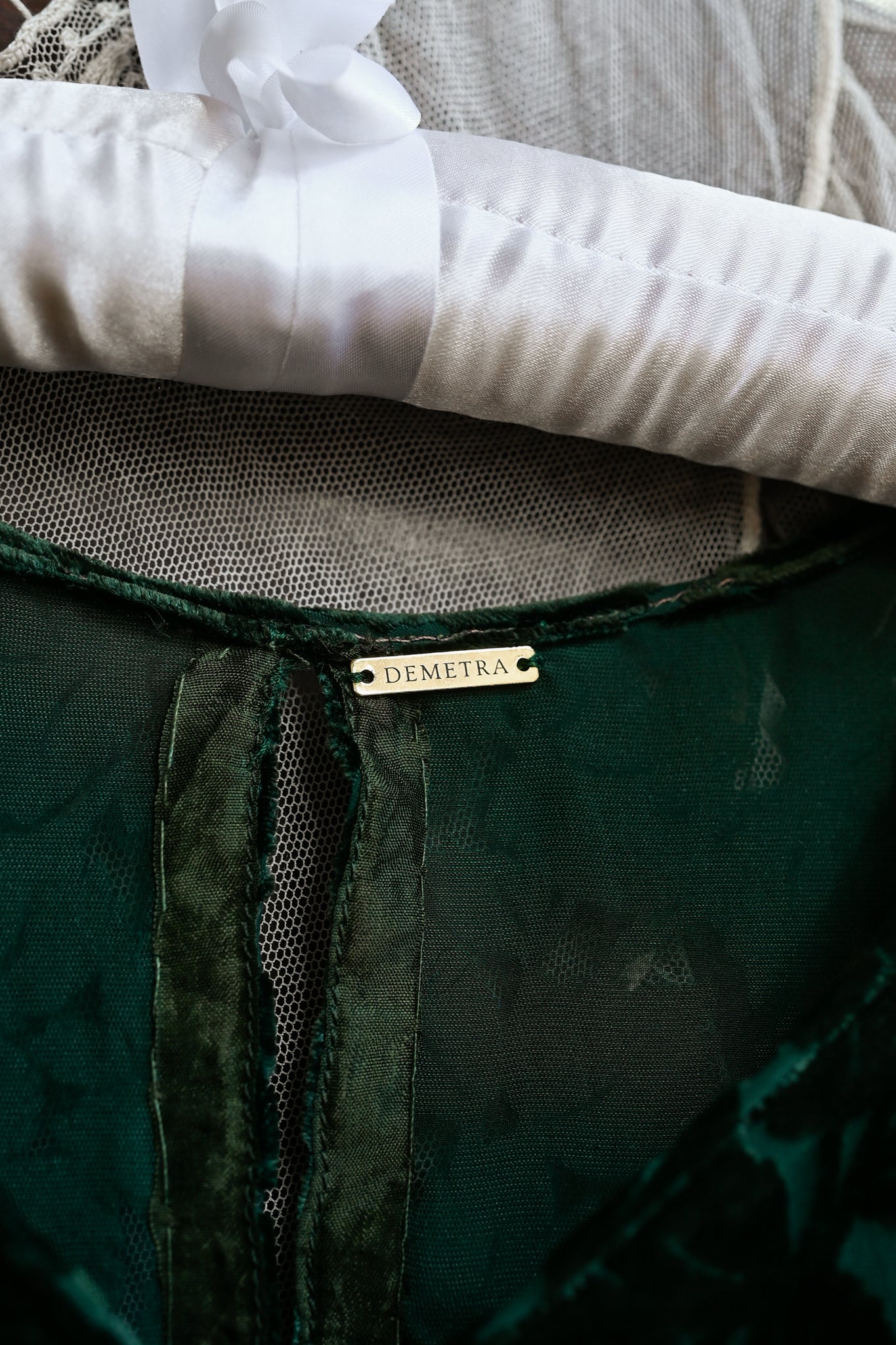 Demetra's Emerald Silk Devore Lace Appliqué Dress