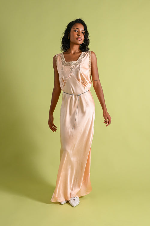 1930s Peach Silk + Lace Appliqué Bias Gown [lrg/xl]