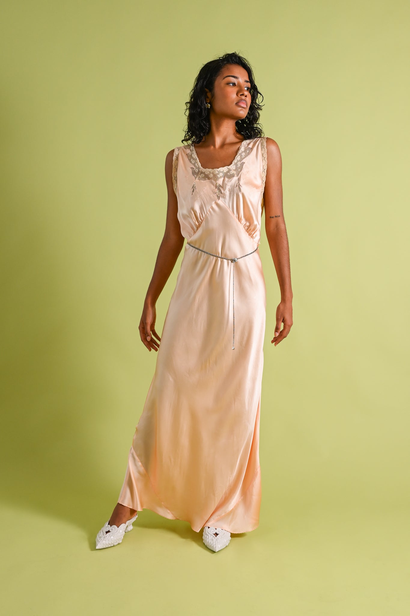 1930s Peach Silk + Lace Appliqué Bias Gown [lrg/xl]