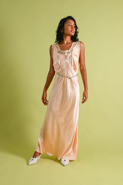 1930s Peach Silk + Lace Appliqué Bias Gown [lrg/xl]