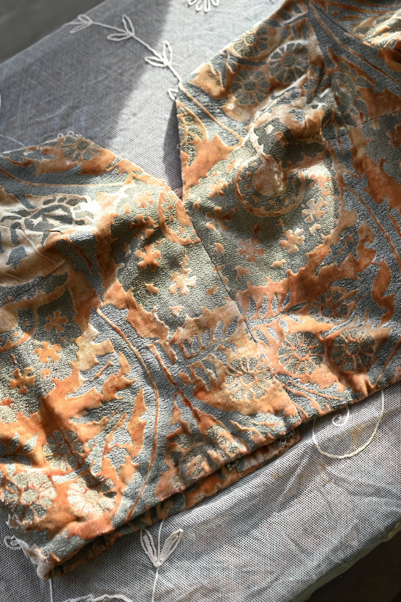 1960s Custom Blouse of Antique Fortuny Stenciled Silk Velvet