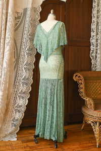 1930s Celadon Lace Capelet Gown
