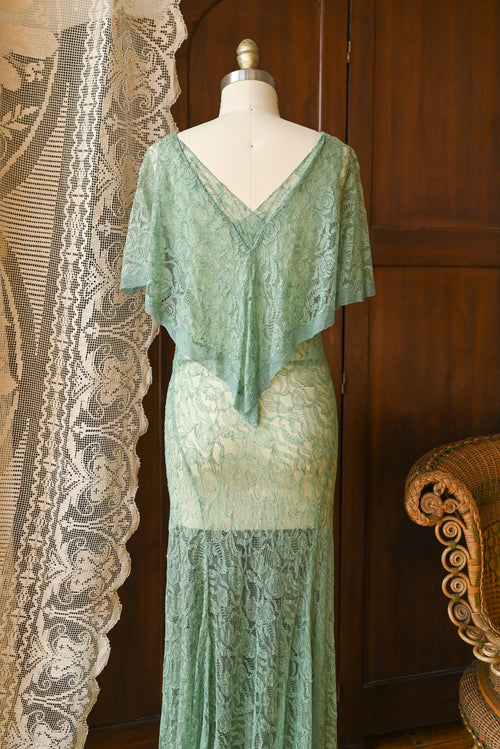 1930s Celadon Lace Capelet Gown