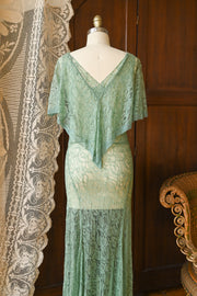1930s Celadon Lace Capelet Gown