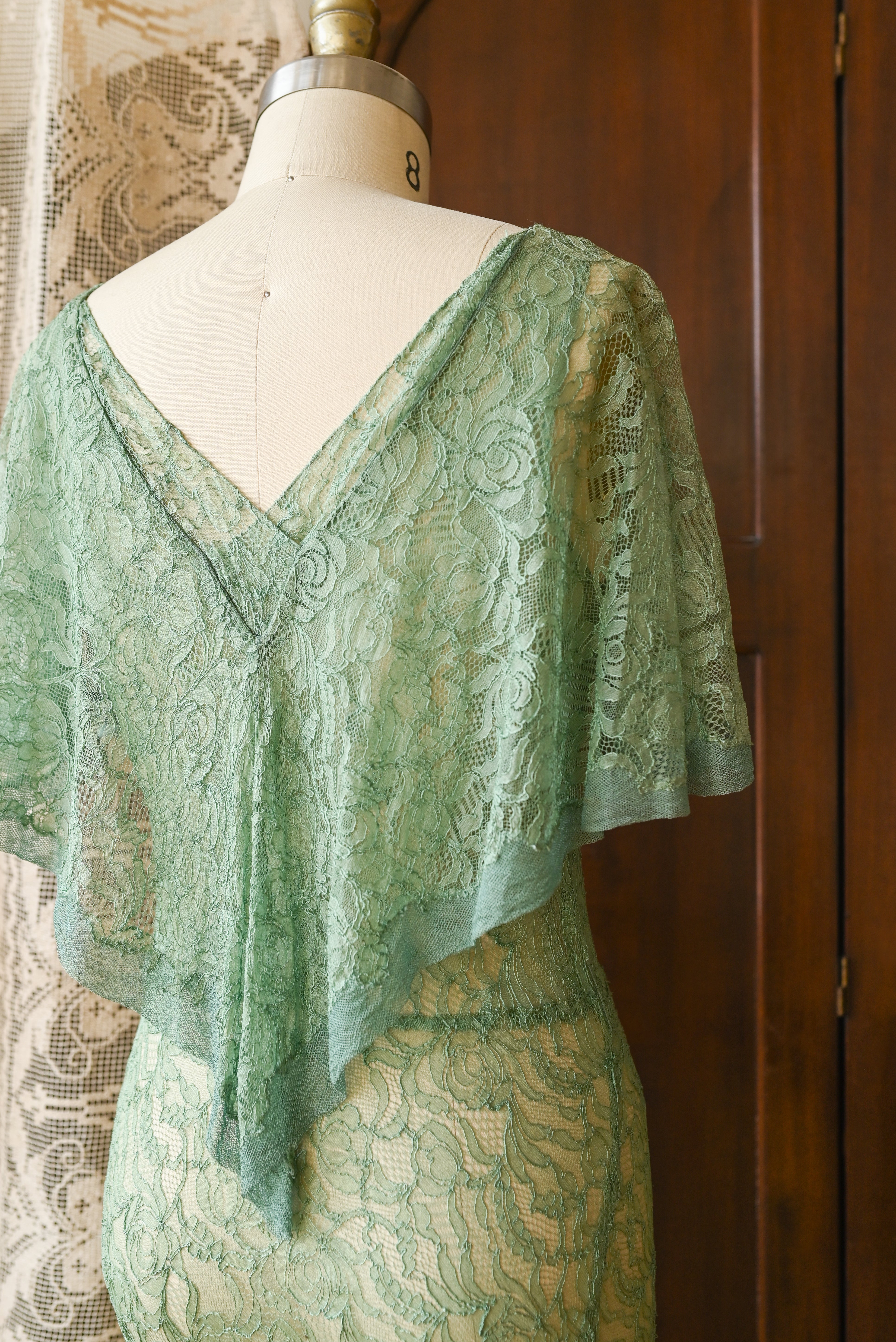1930s Celadon Lace Capelet Gown