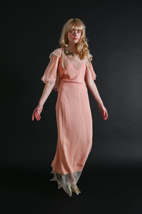 1930s Halter Neck Silk Chiffon Capelet Gown [xs/sm]