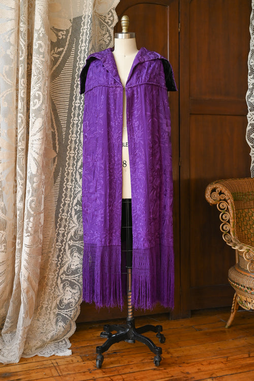 1920s Violet Silk Fringe Embroidered Cape