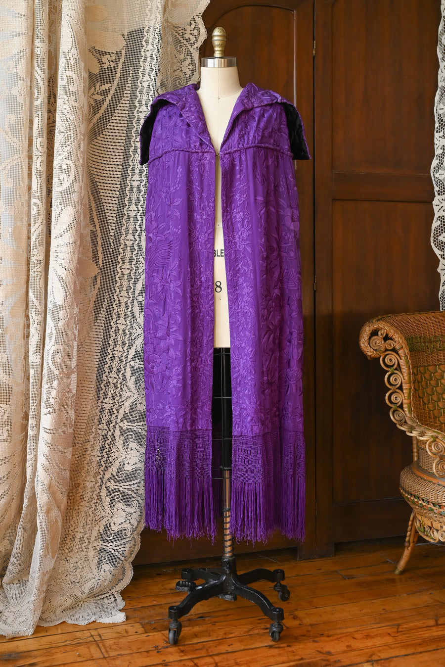1920s Violet Silk Fringe Embroidered Cape
