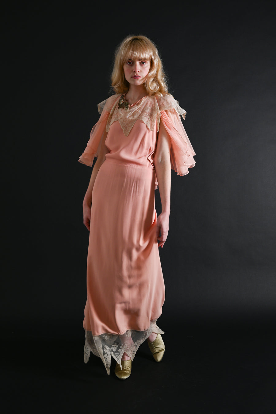 1930s Halter Neck Silk Chiffon Capelet Gown [xs/sm]