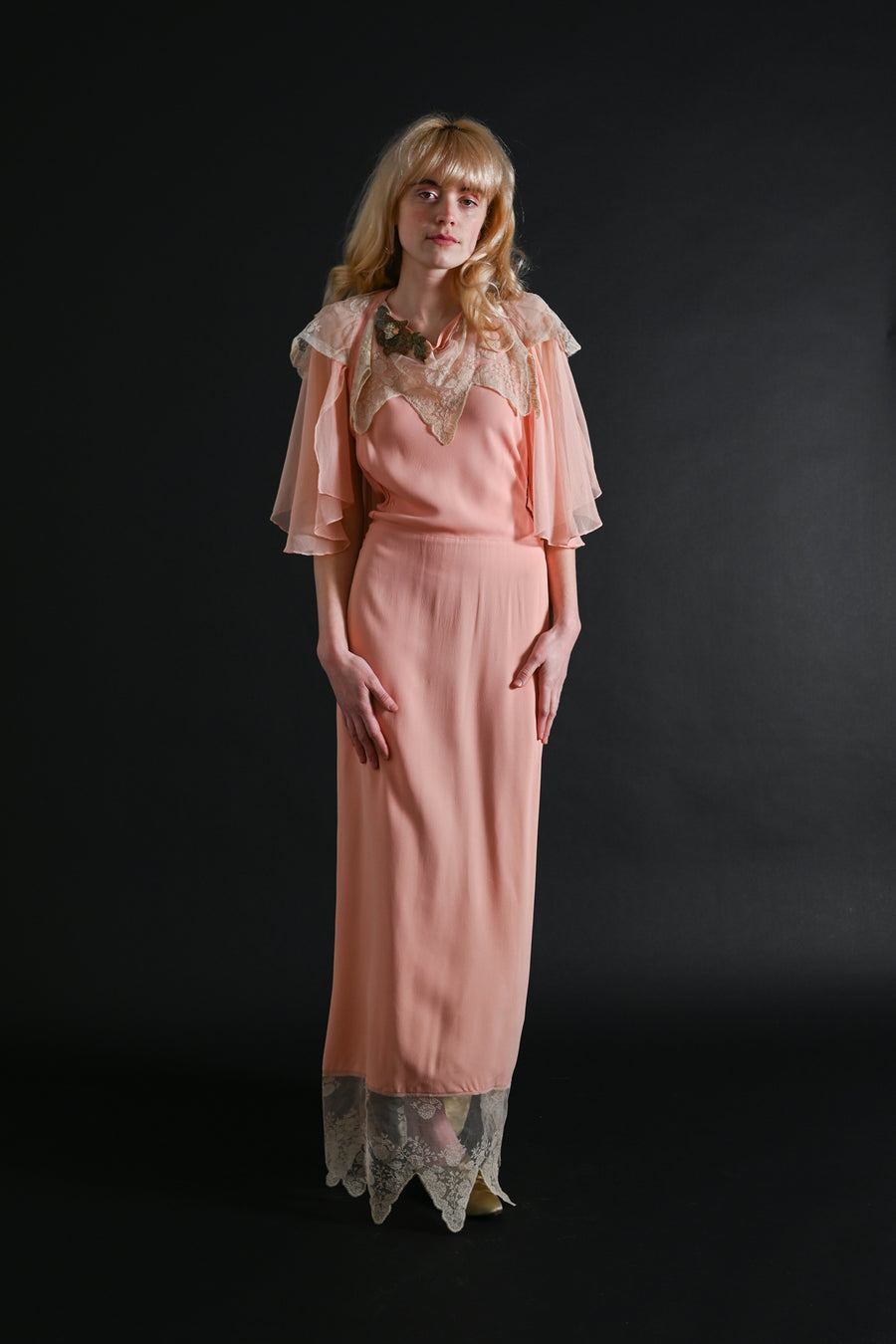 1930s Halter Neck Silk Chiffon Capelet Gown [xs/sm]