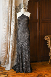 Demetra's Silver Lamé Diamanté Halter Gown