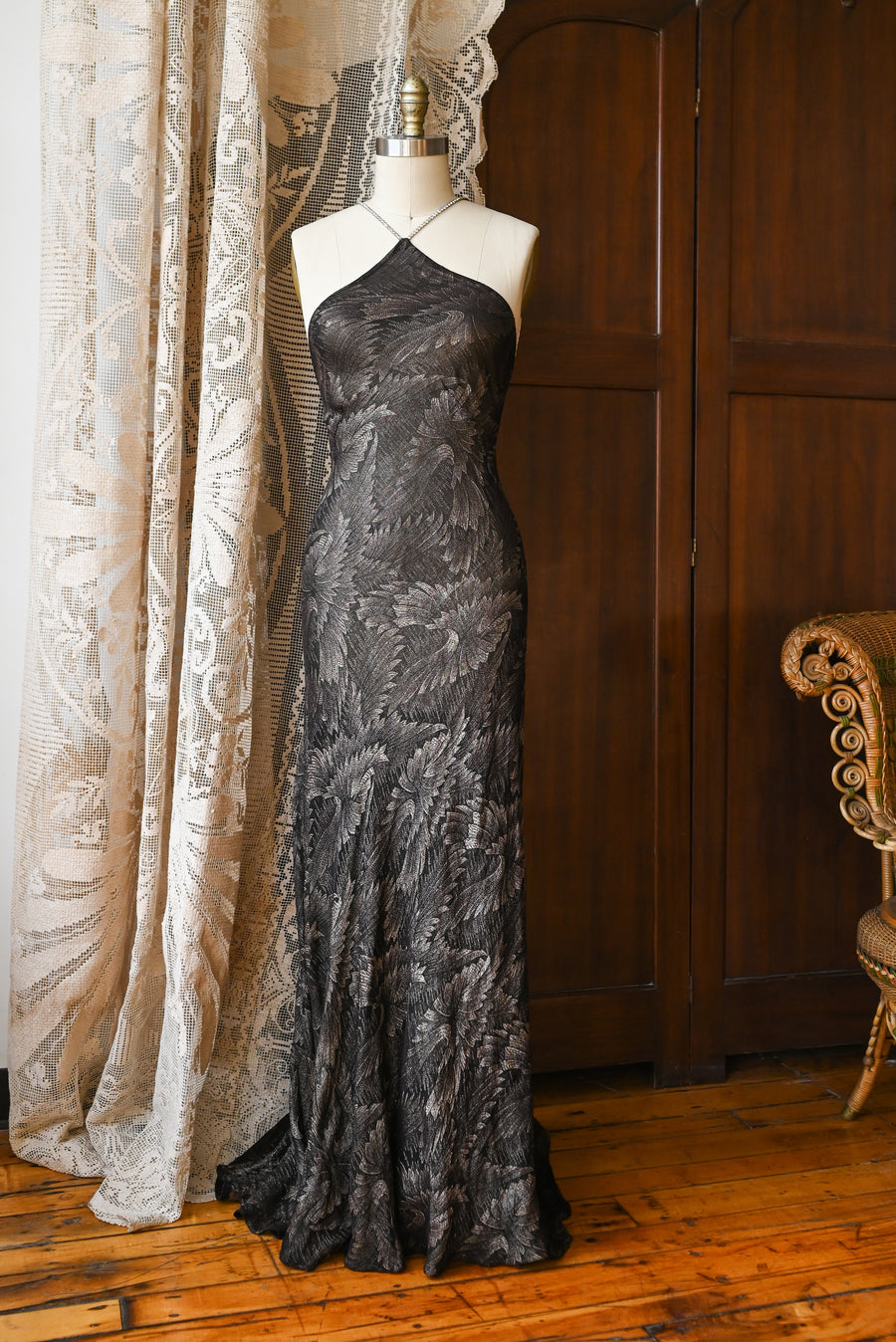 Demetra's Silver Lamé Diamanté Halter Gown