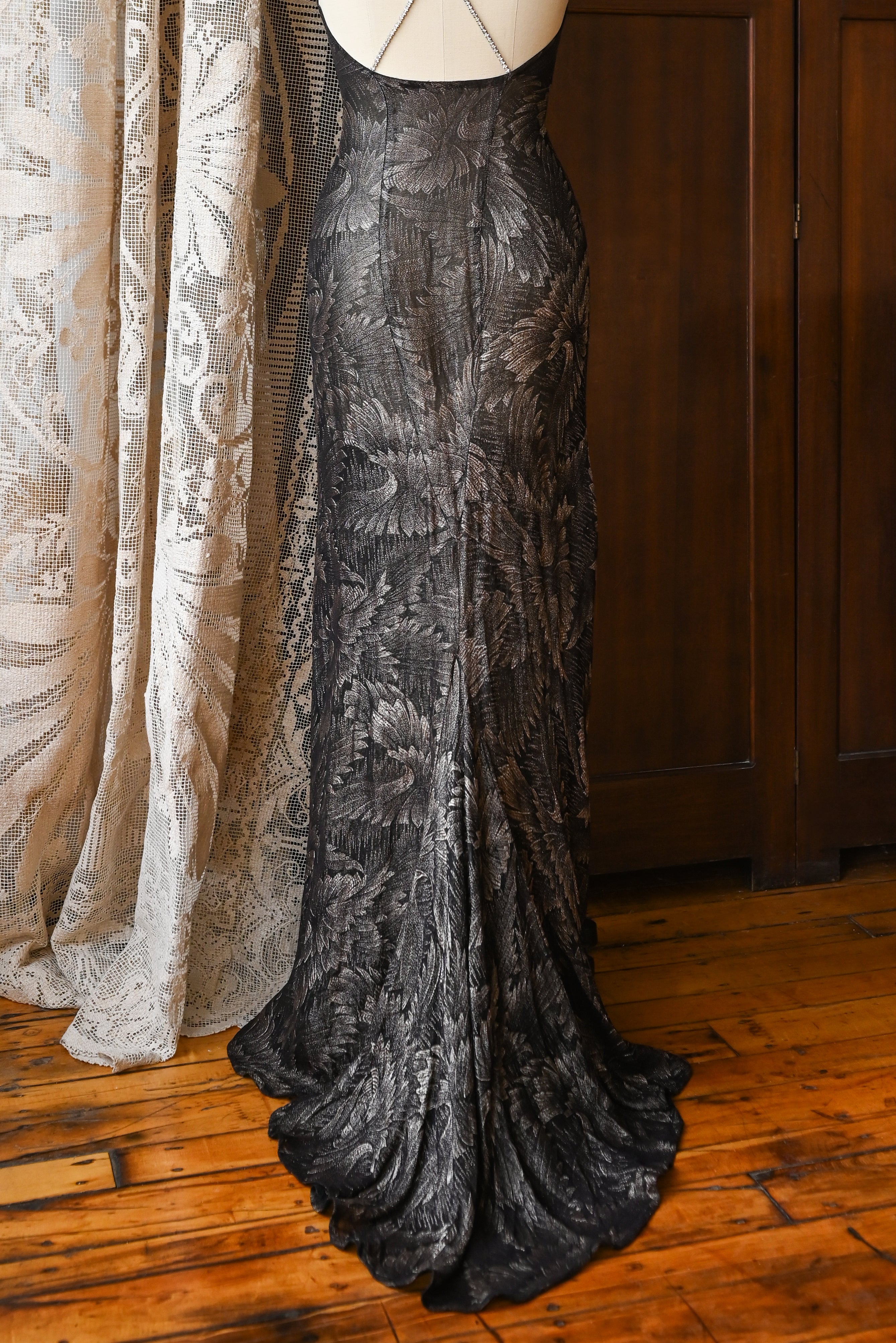 Demetra's Silver Lamé Diamanté Halter Gown
