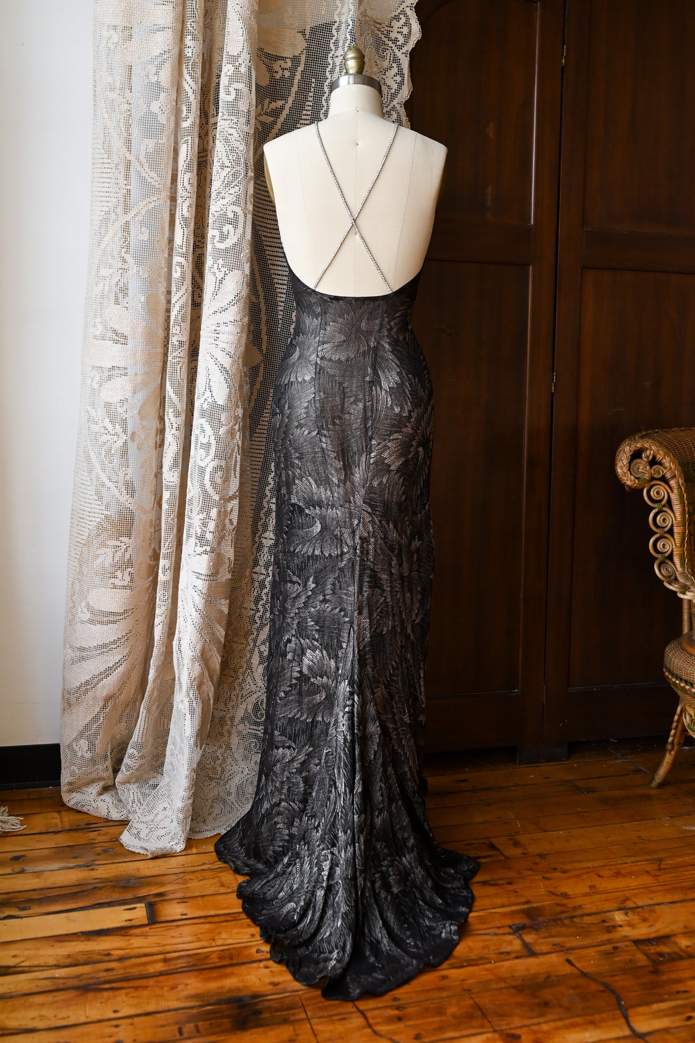 Demetra's Silver Lamé Diamanté Halter Gown