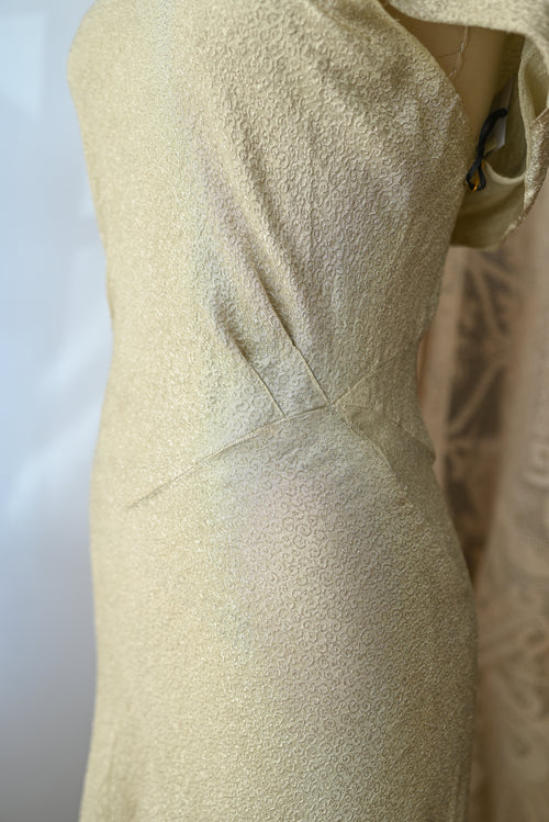 1930s Silver Lamé Cowl Back Trained Gown