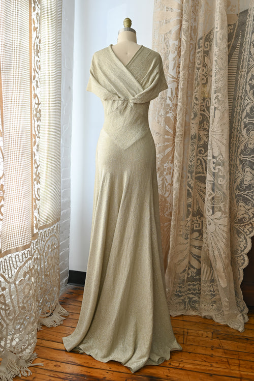 1930s Silver Lamé Cowl Back Trained Gown