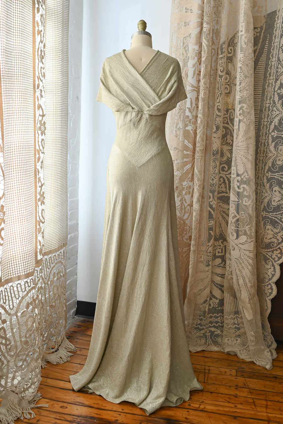 1930s Silver Lamé Cowl Back Trained Gown