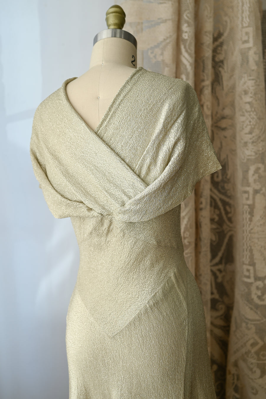 1930s Silver Lamé Cowl Back Trained Gown