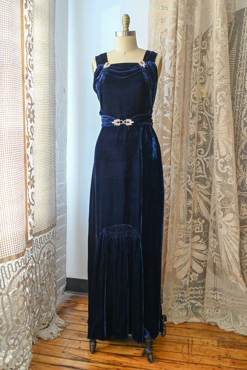 1930s Cobalt Silk Velvet Art Deco Wrap Gown