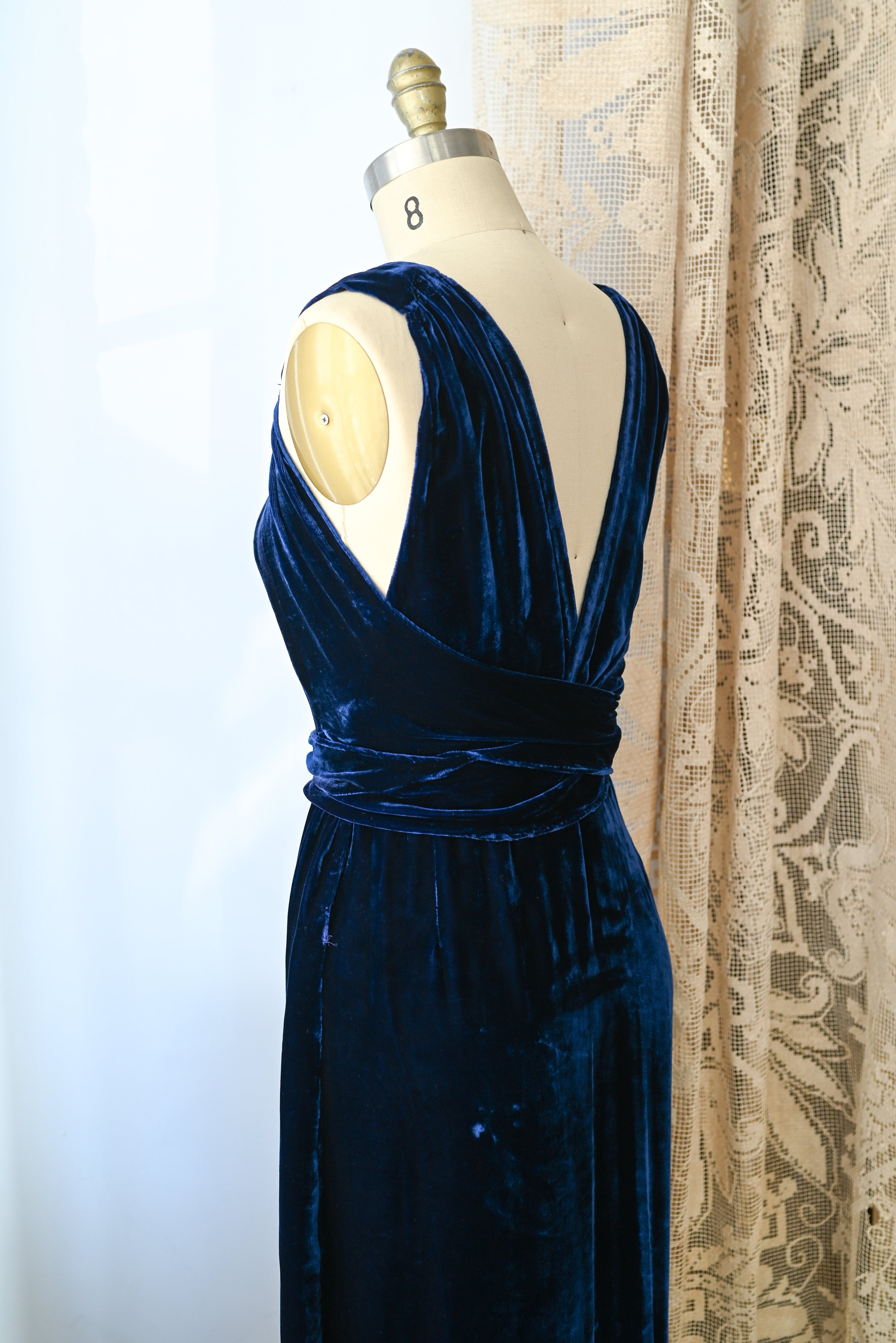 1930s Cobalt Silk Velvet Art Deco Wrap Gown