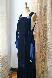 1930s Cobalt Silk Velvet Art Deco Wrap Gown
