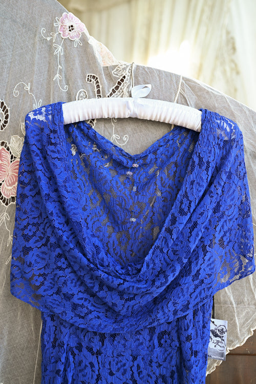 1930s Cobalt Lace Cowl Back Gown