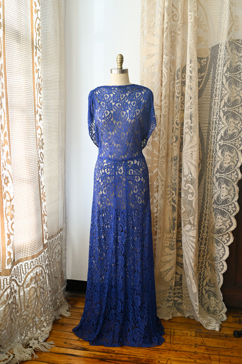 1930s Cobalt Lace Cowl Back Gown