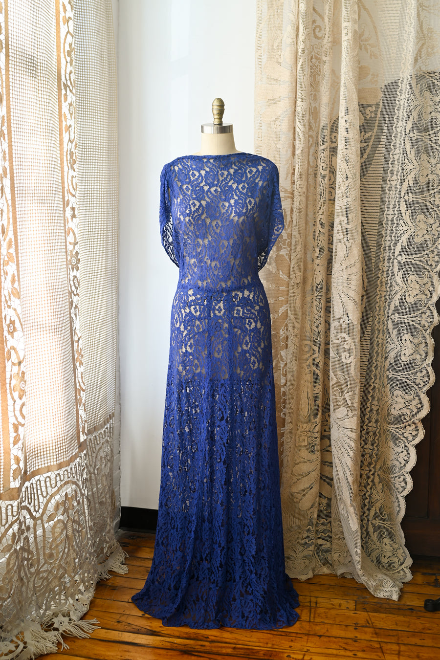 1930s Cobalt Lace Cowl Back Gown