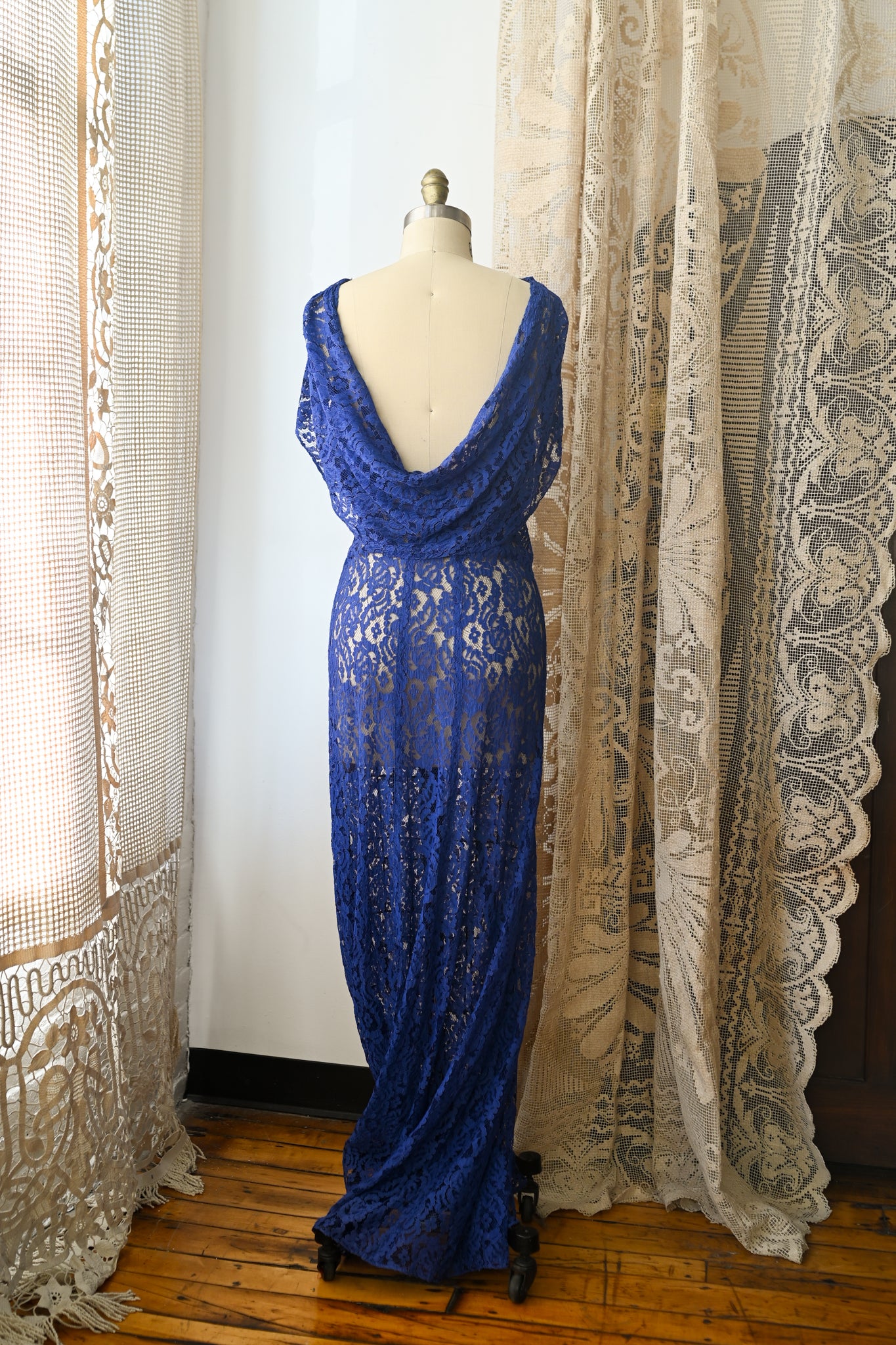 lace cowl back dress Ethereal lace and chiffon cowl back wedding dress
