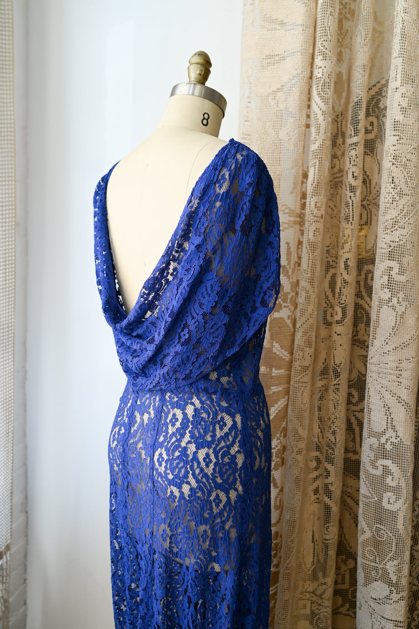 1930s Cobalt Lace Cowl Back Gown