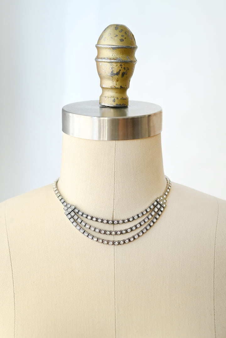 1930s Sterling Triple Strand Rhinestone Choker