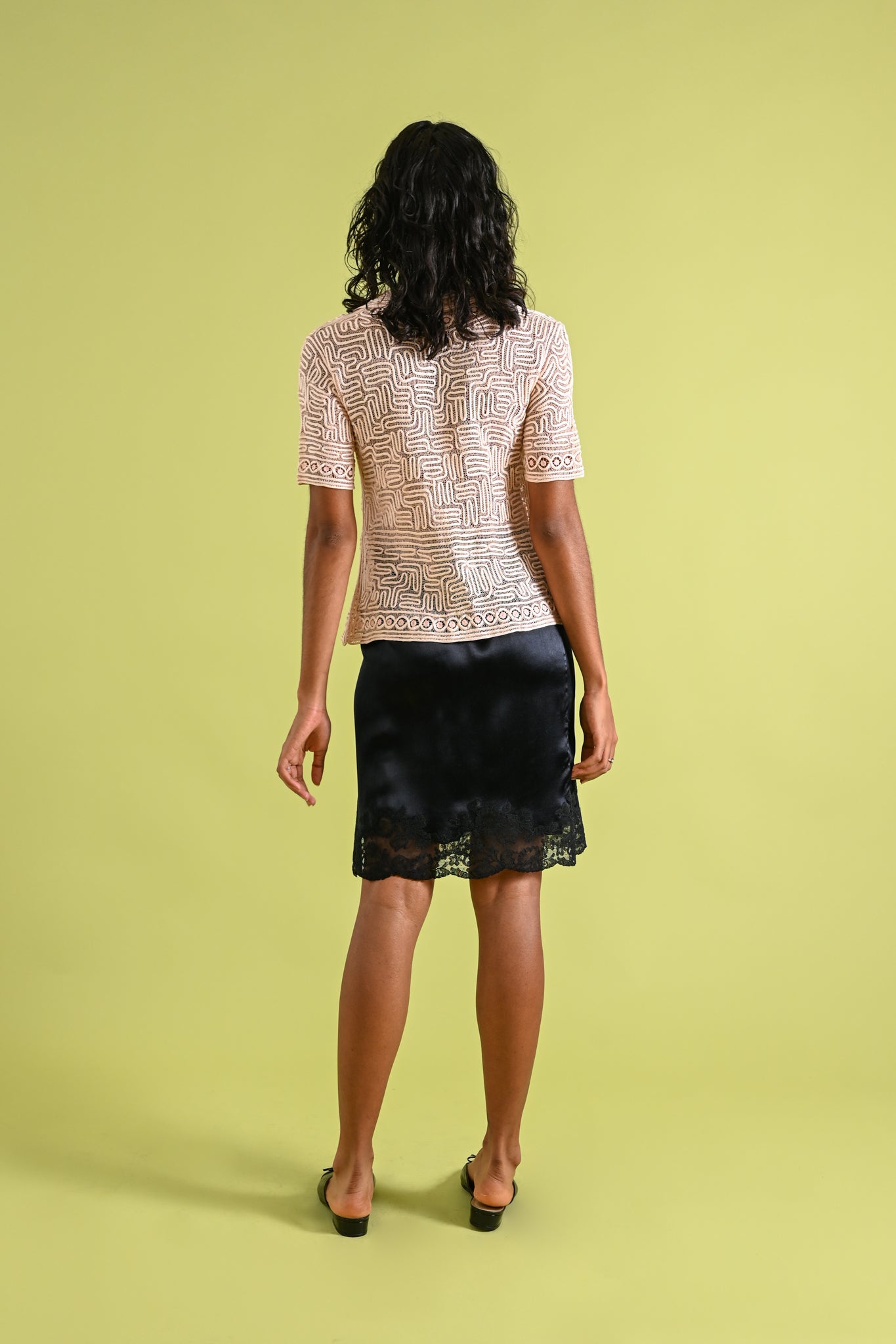 1930s Black Silk + Lace Monogrammed Slip Skirt [xs/sm]