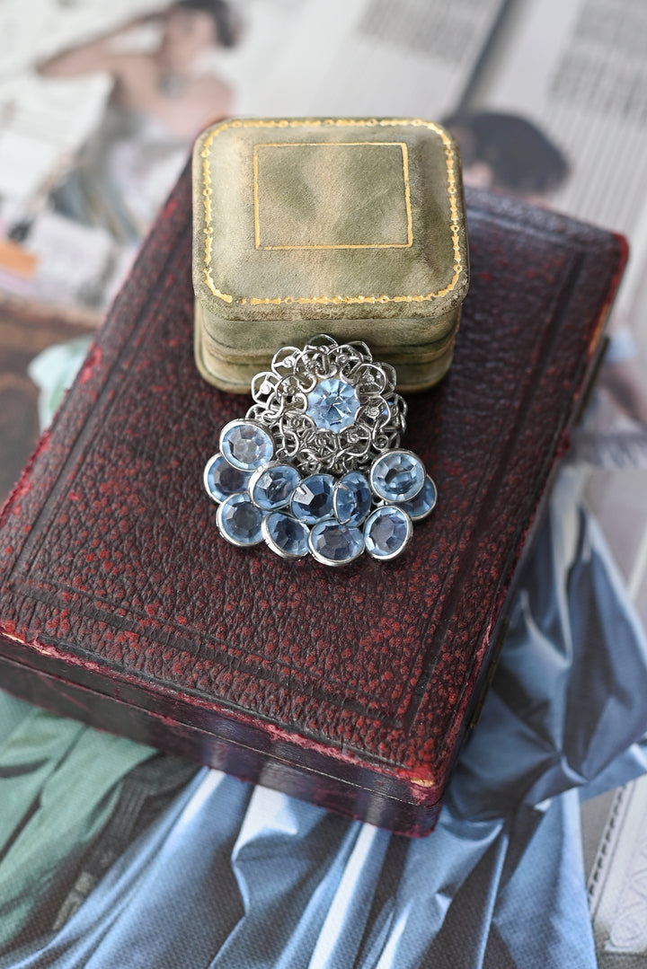 Midcentury Blue Rhinestone Dangle Clip Ons