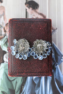 Midcentury Blue Rhinestone Dangle Clip Ons
